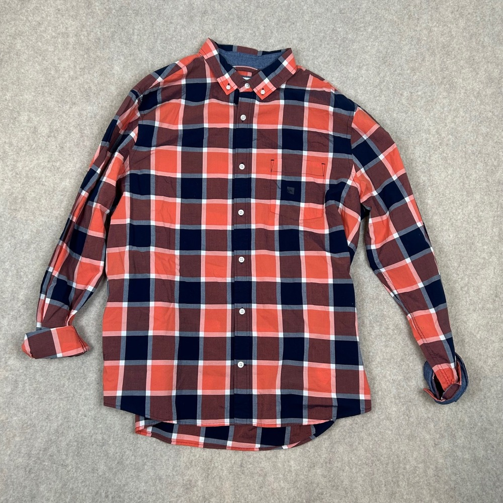 Express Button Down Shirt Mens XL Orange Navy Blue Plaid Slim Soft Wash Long Slv